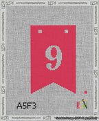 A taped needlepoint canvas with the design: Banner 13 mesh count Forked 9 White on Red.