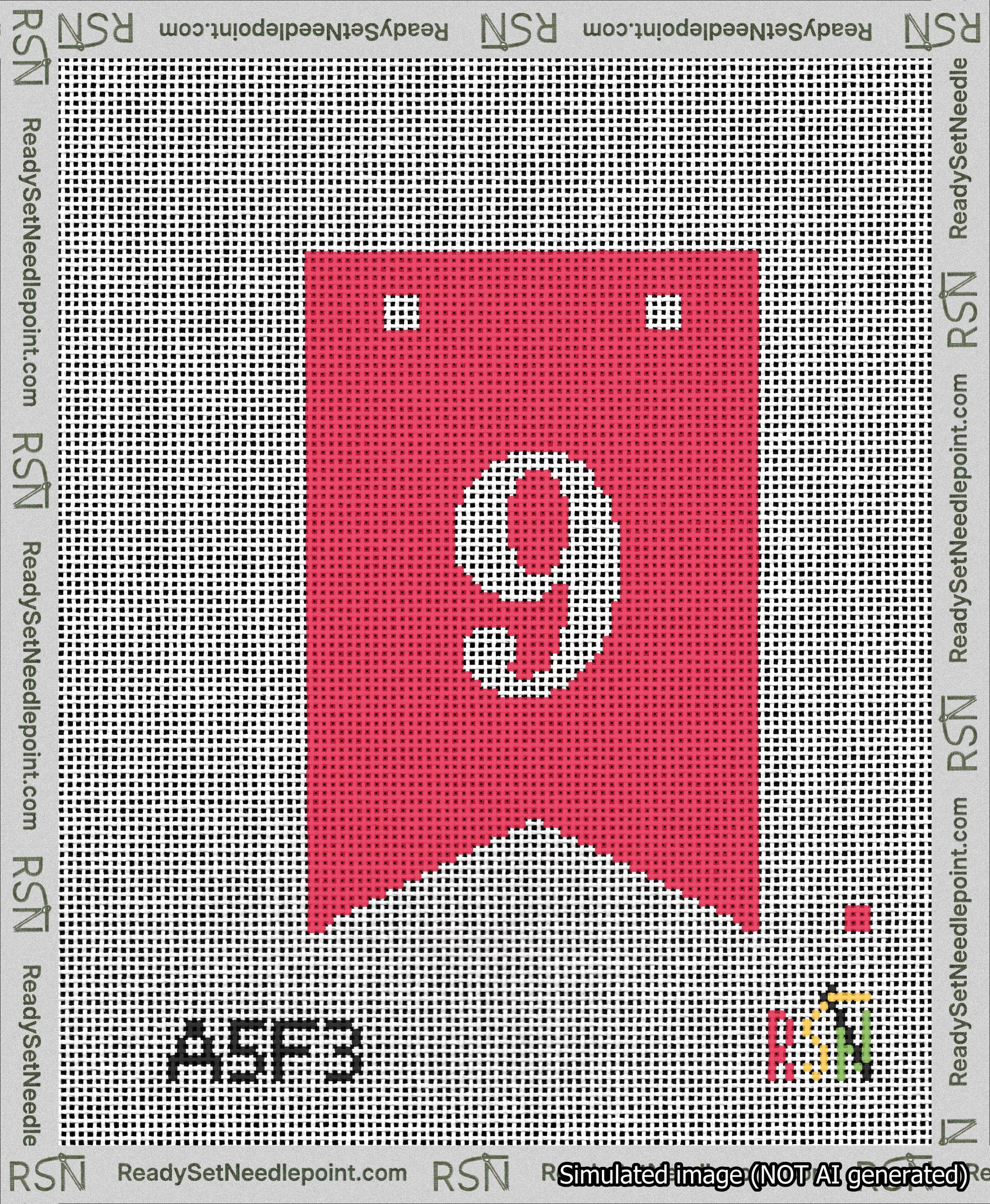 A taped needlepoint canvas with the design: Banner 13 mesh count Forked 9 White on Red.