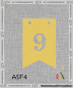 A taped needlepoint canvas with the design: Banner 13 mesh count Forked 9 White on Yellow.