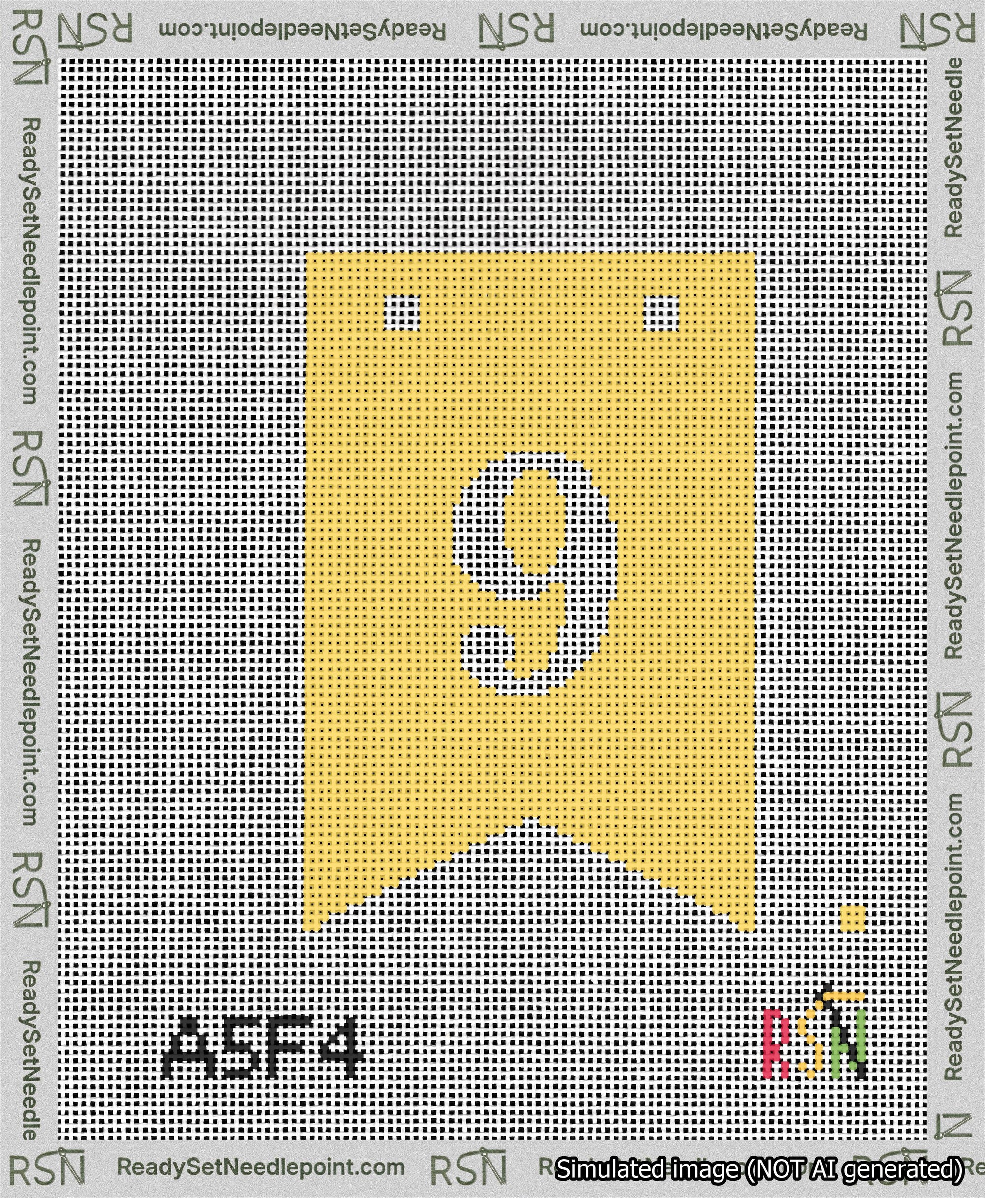 A taped needlepoint canvas with the design: Banner 13 mesh count Forked 9 White on Yellow.