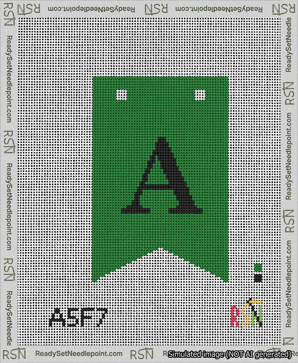 A taped needlepoint canvas with the design: Banner 13 mesh count Forked A Black on Green.