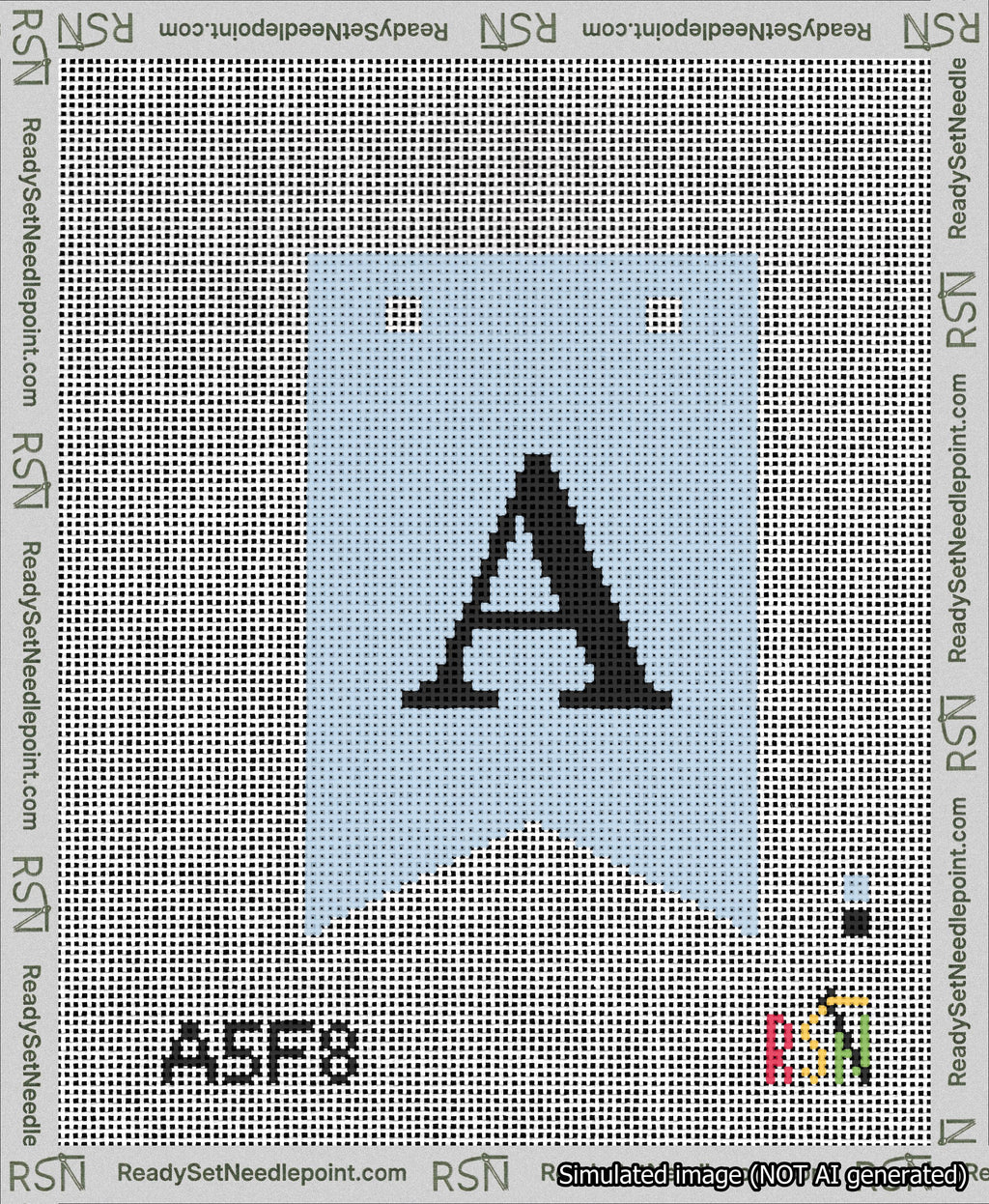 A taped needlepoint canvas with the design: Banner 13 mesh count Forked A Black on Light Blue.
