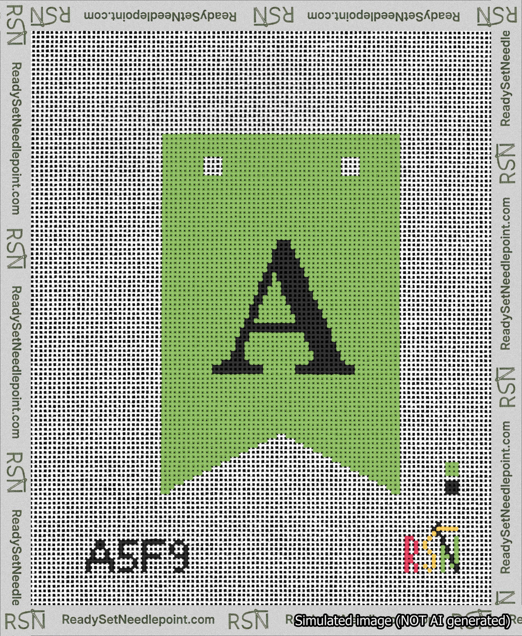 A taped needlepoint canvas with the design: Banner 13 mesh count Forked A Black on Light Green.