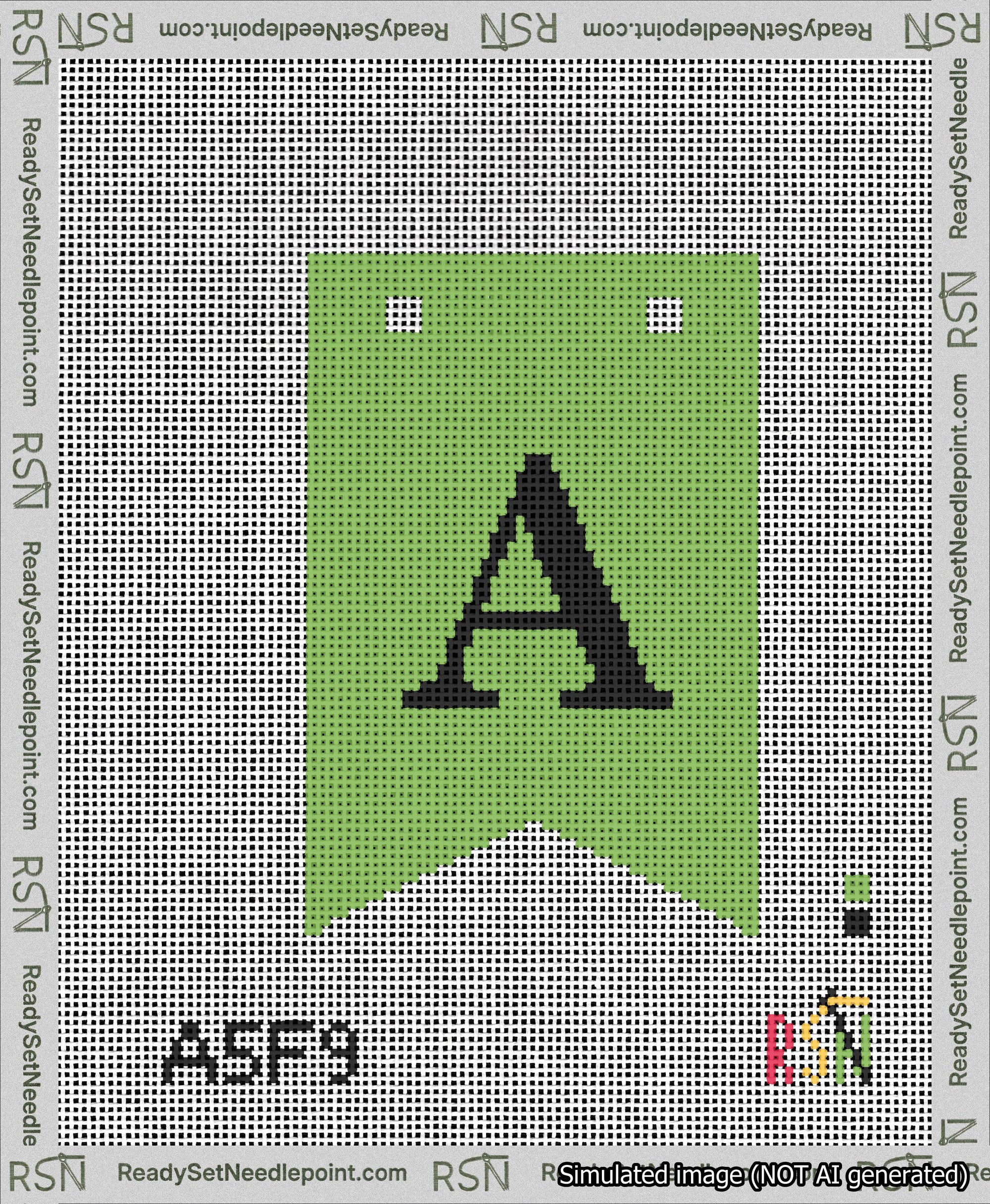 A taped needlepoint canvas with the design: Banner 13 mesh count Forked A Black on Light Green.