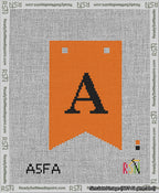 A taped needlepoint canvas with the design: Banner 13 mesh count Forked A Black on Orange.