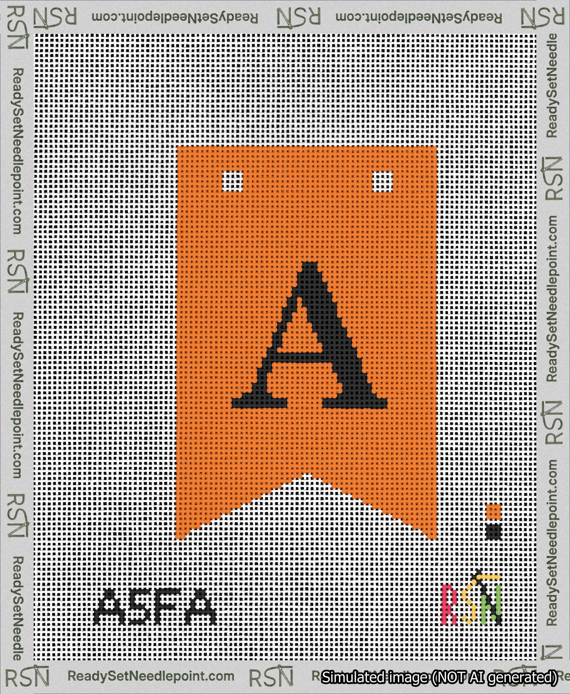 A taped needlepoint canvas with the design: Banner 13 mesh count Forked A Black on Orange.