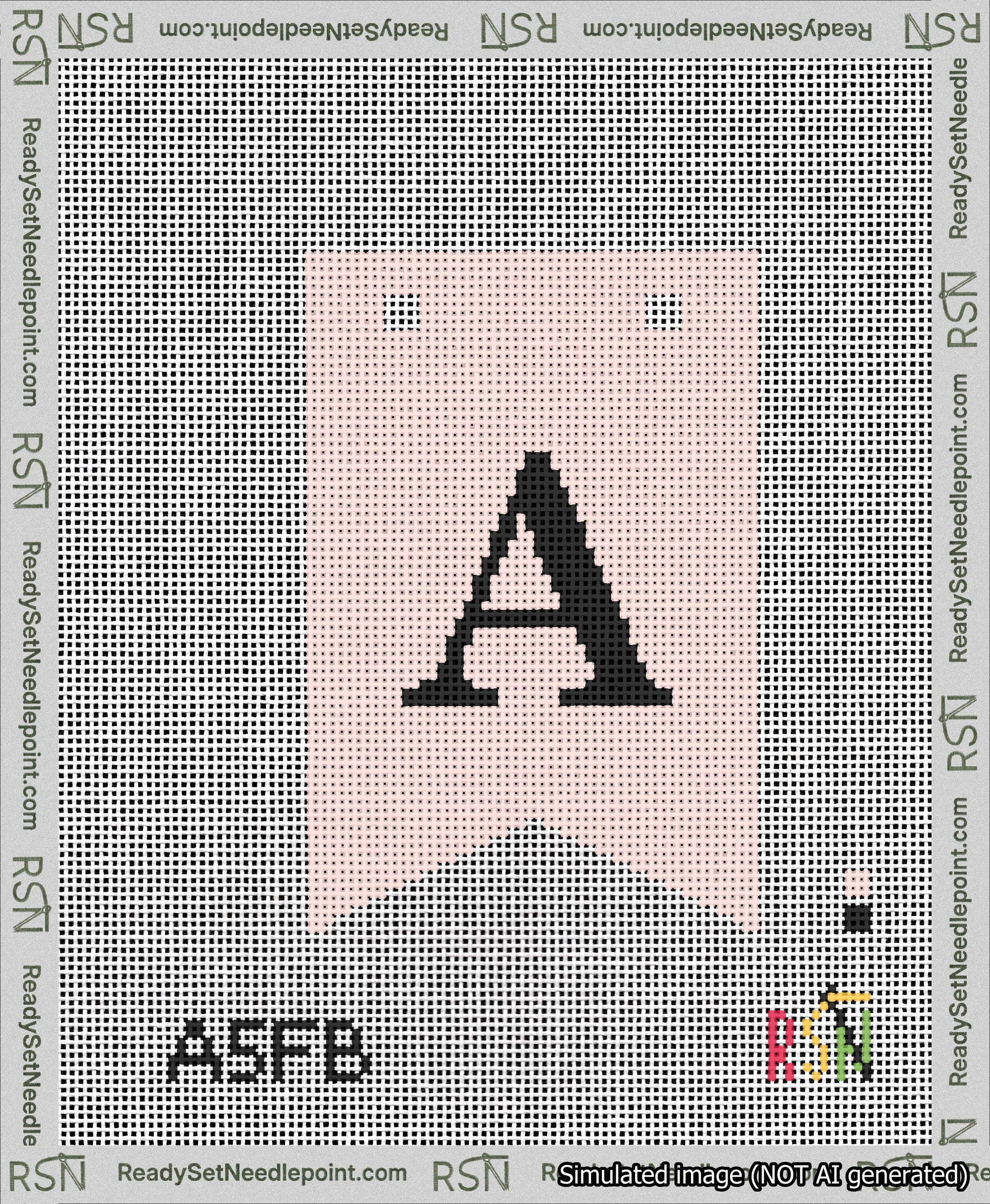 A taped needlepoint canvas with the design: Banner 13 mesh count Forked A Black on Pink.