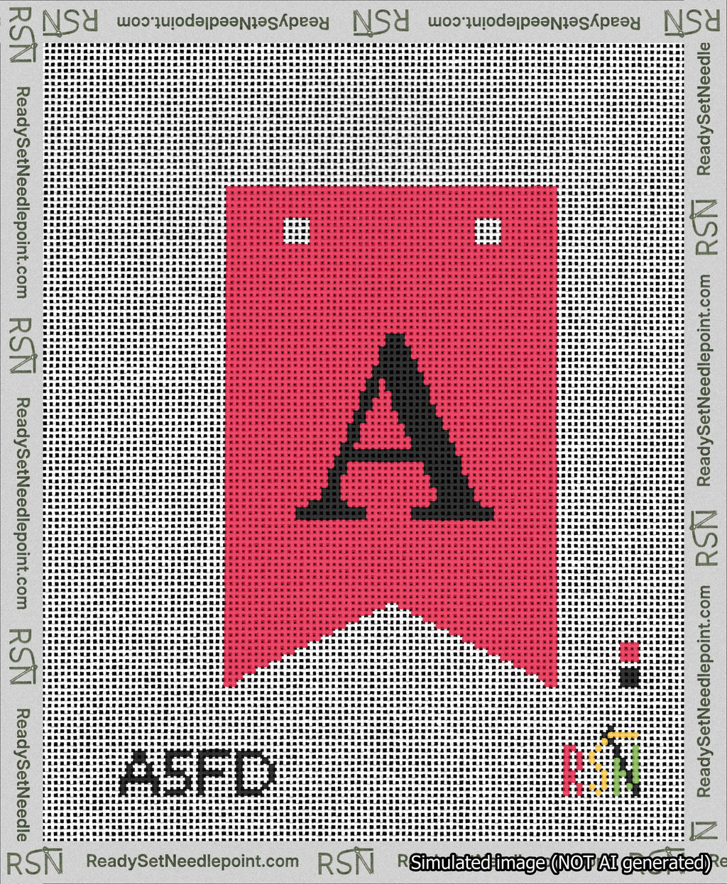 A taped needlepoint canvas with the design: Banner 13 mesh count Forked A Black on Red.