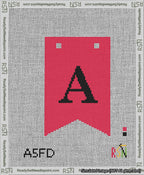 A taped needlepoint canvas with the design: Banner 13 mesh count Forked A Black on Red.