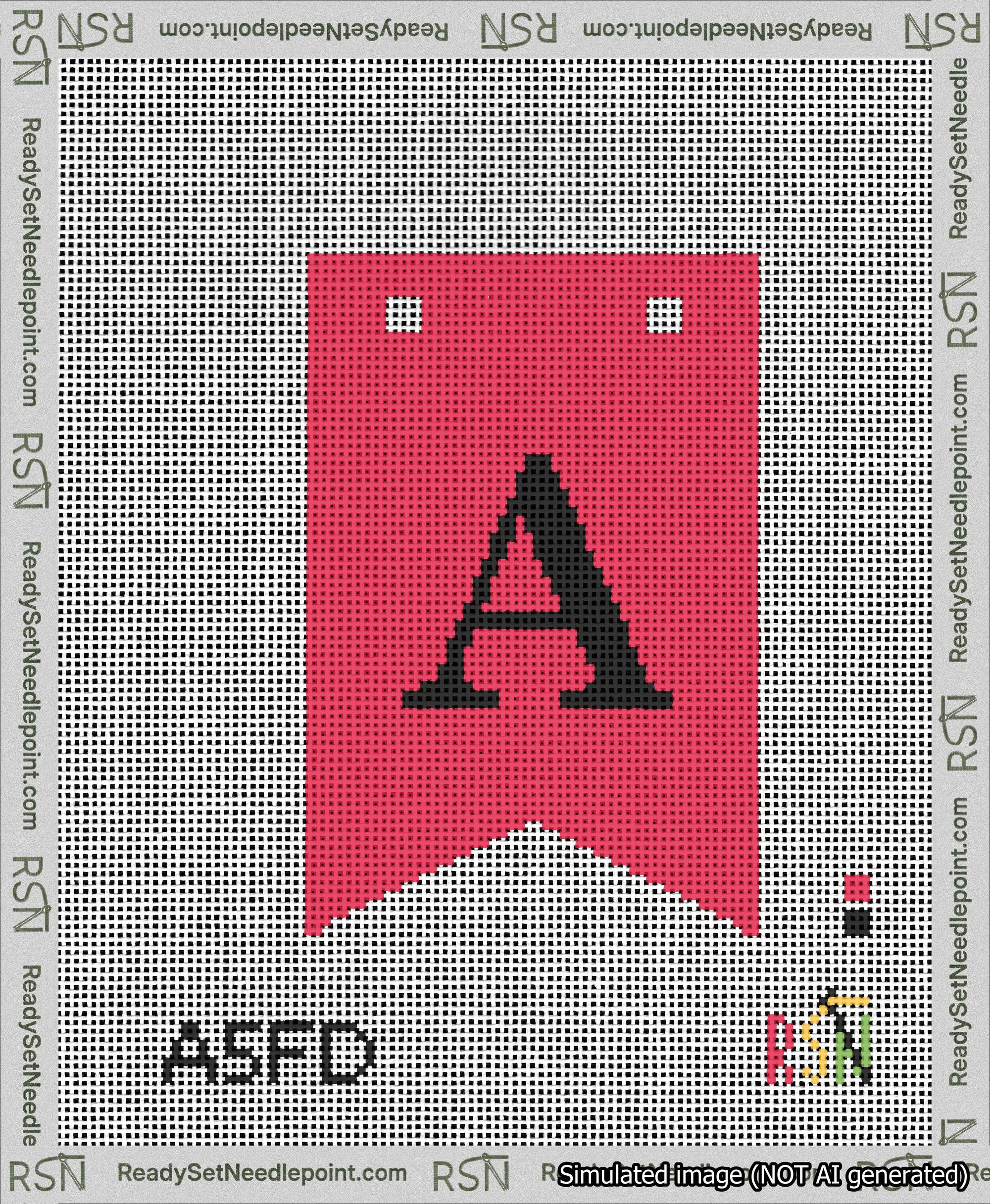 A taped needlepoint canvas with the design: Banner 13 mesh count Forked A Black on Red.