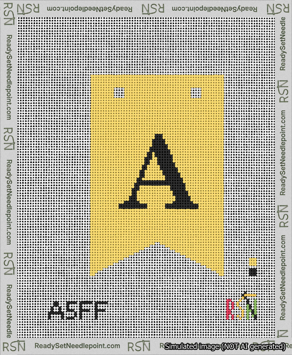 A taped needlepoint canvas with the design: Banner 13 mesh count Forked A Black on Yellow.
