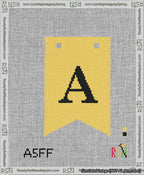 A taped needlepoint canvas with the design: Banner 13 mesh count Forked A Black on Yellow.