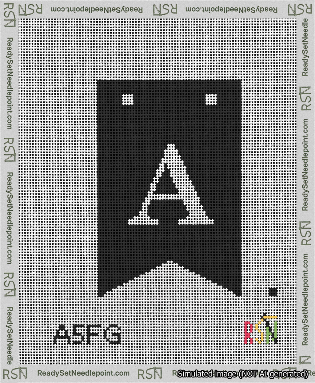 A taped needlepoint canvas with the design: Banner 13 mesh count Forked A White on Black.
