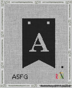 A taped needlepoint canvas with the design: Banner 13 mesh count Forked A White on Black.