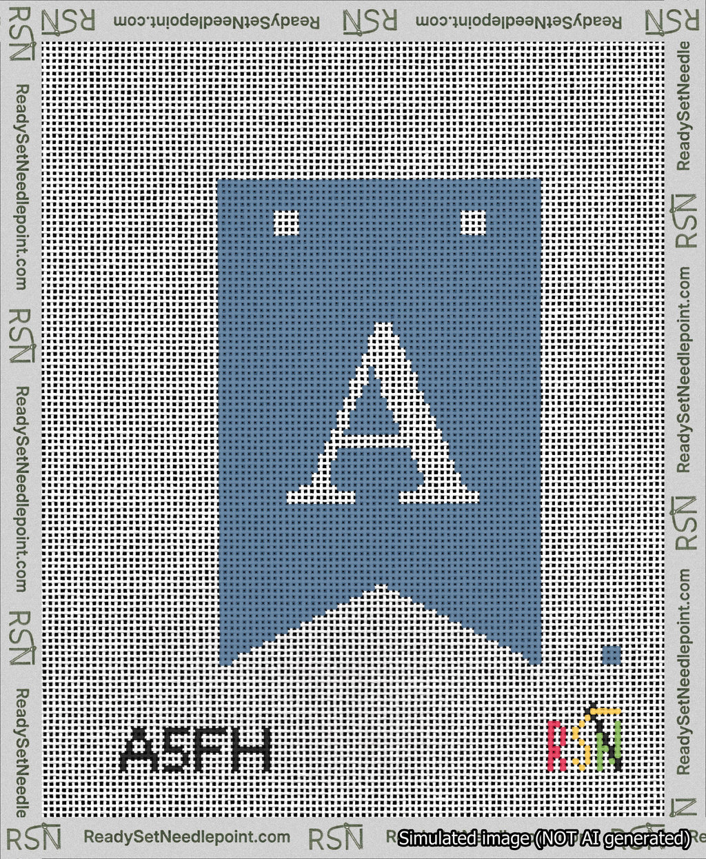 A taped needlepoint canvas with the design: Banner 13 mesh count Forked A White on Blue.
