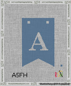 A taped needlepoint canvas with the design: Banner 13 mesh count Forked A White on Blue.