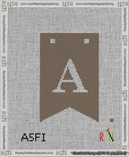 A taped needlepoint canvas with the design: Banner 13 mesh count Forked A White on Brown.