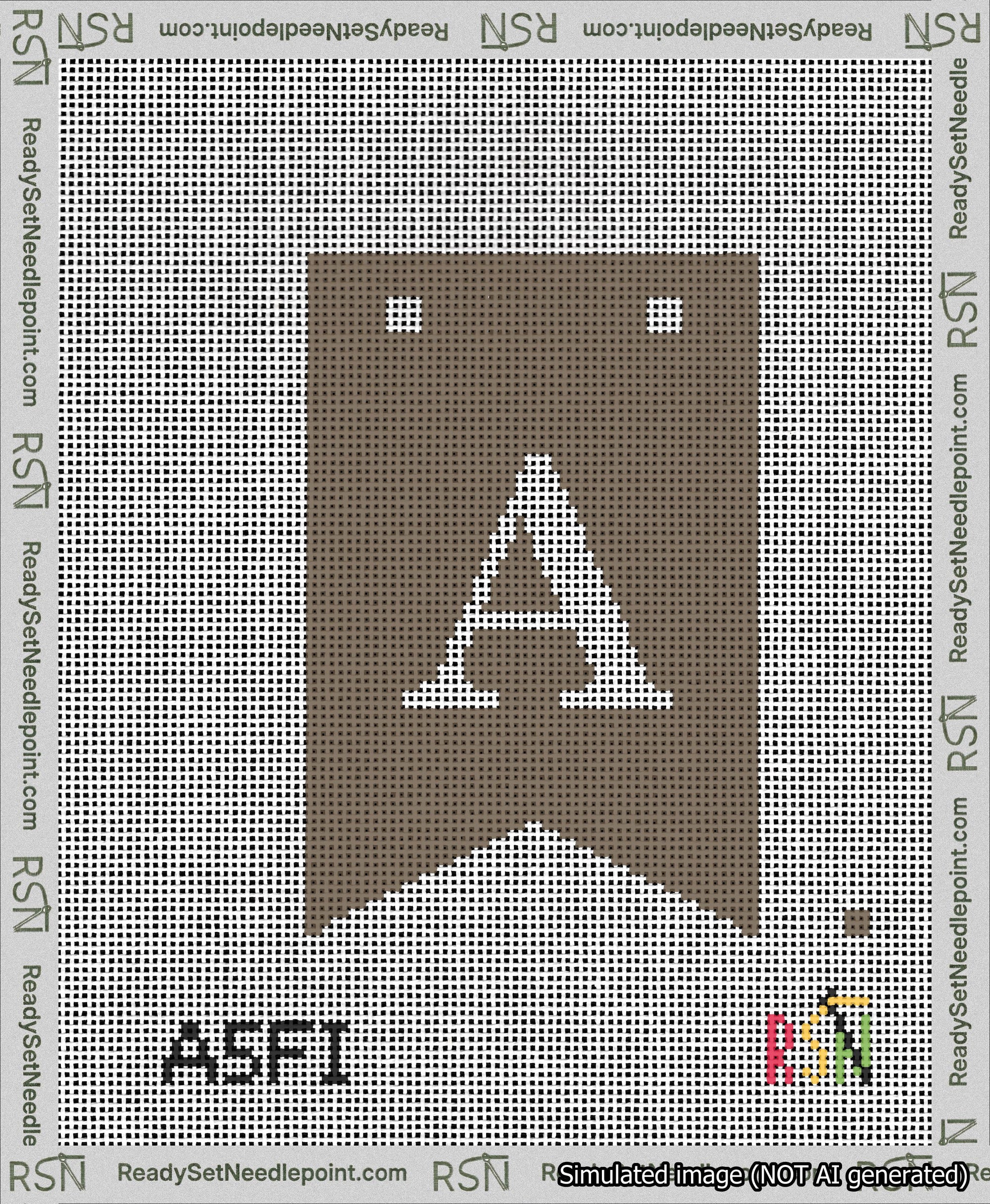 A taped needlepoint canvas with the design: Banner 13 mesh count Forked A White on Brown.