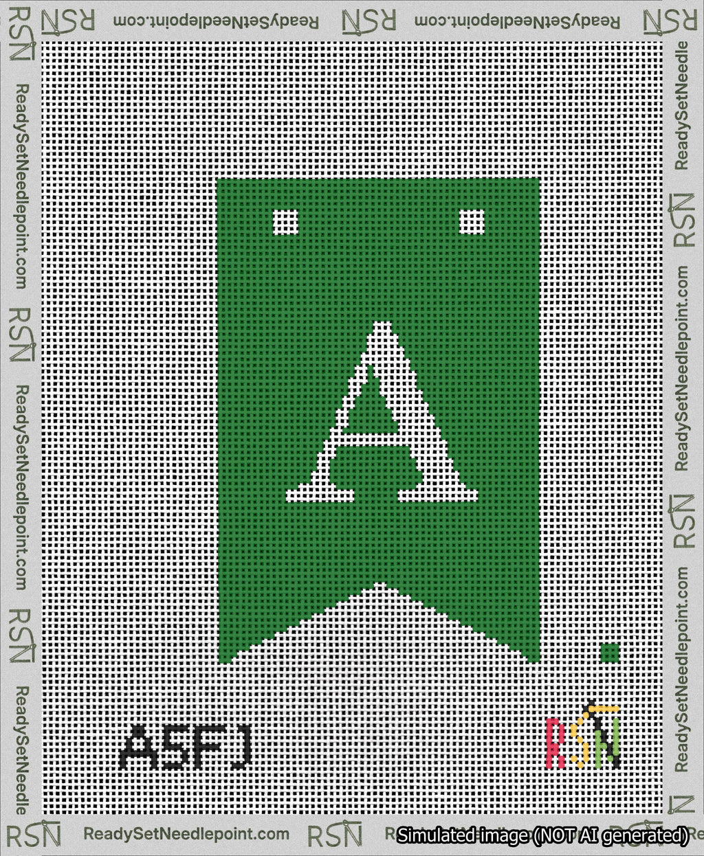 A taped needlepoint canvas with the design: Banner 13 mesh count Forked A White on Green.