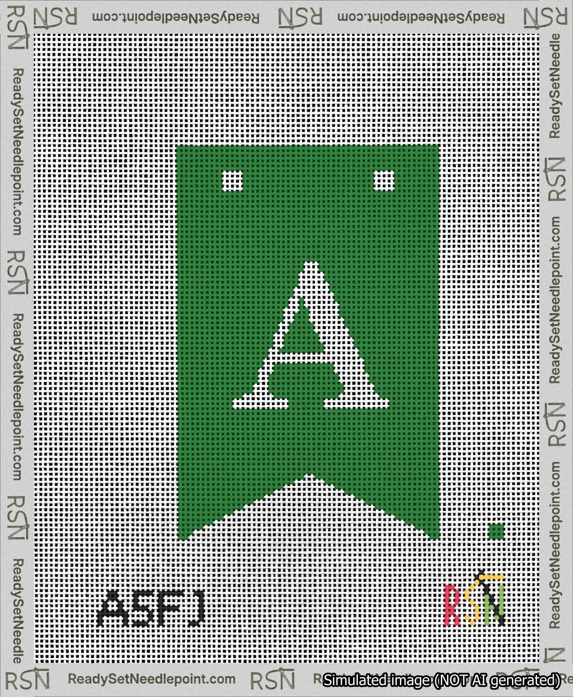 A taped needlepoint canvas with the design: Banner 13 mesh count Forked A White on Green.