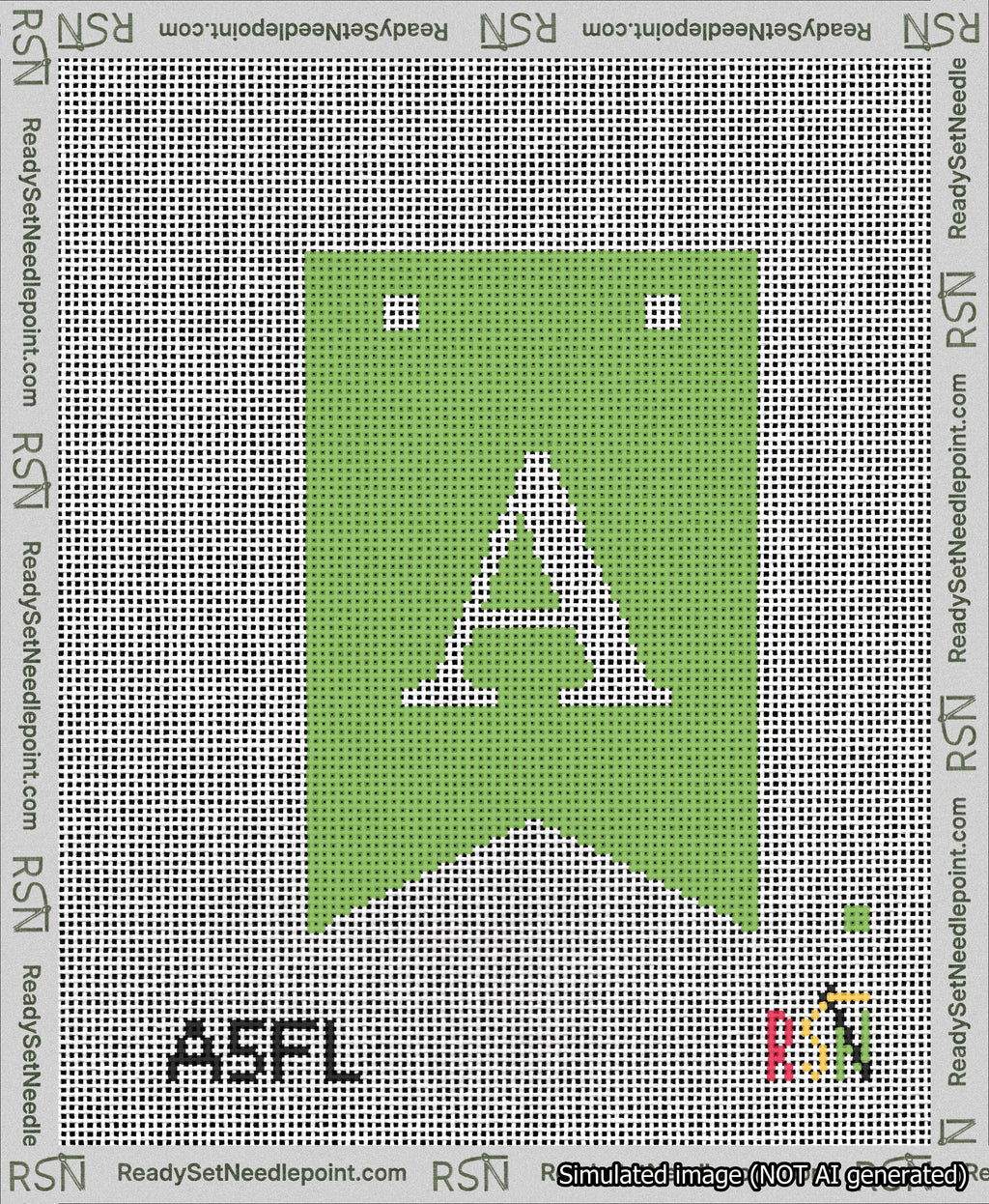 A taped needlepoint canvas with the design: Banner 13 mesh count Forked A White on Light Green.