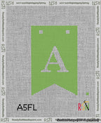 A taped needlepoint canvas with the design: Banner 13 mesh count Forked A White on Light Green.