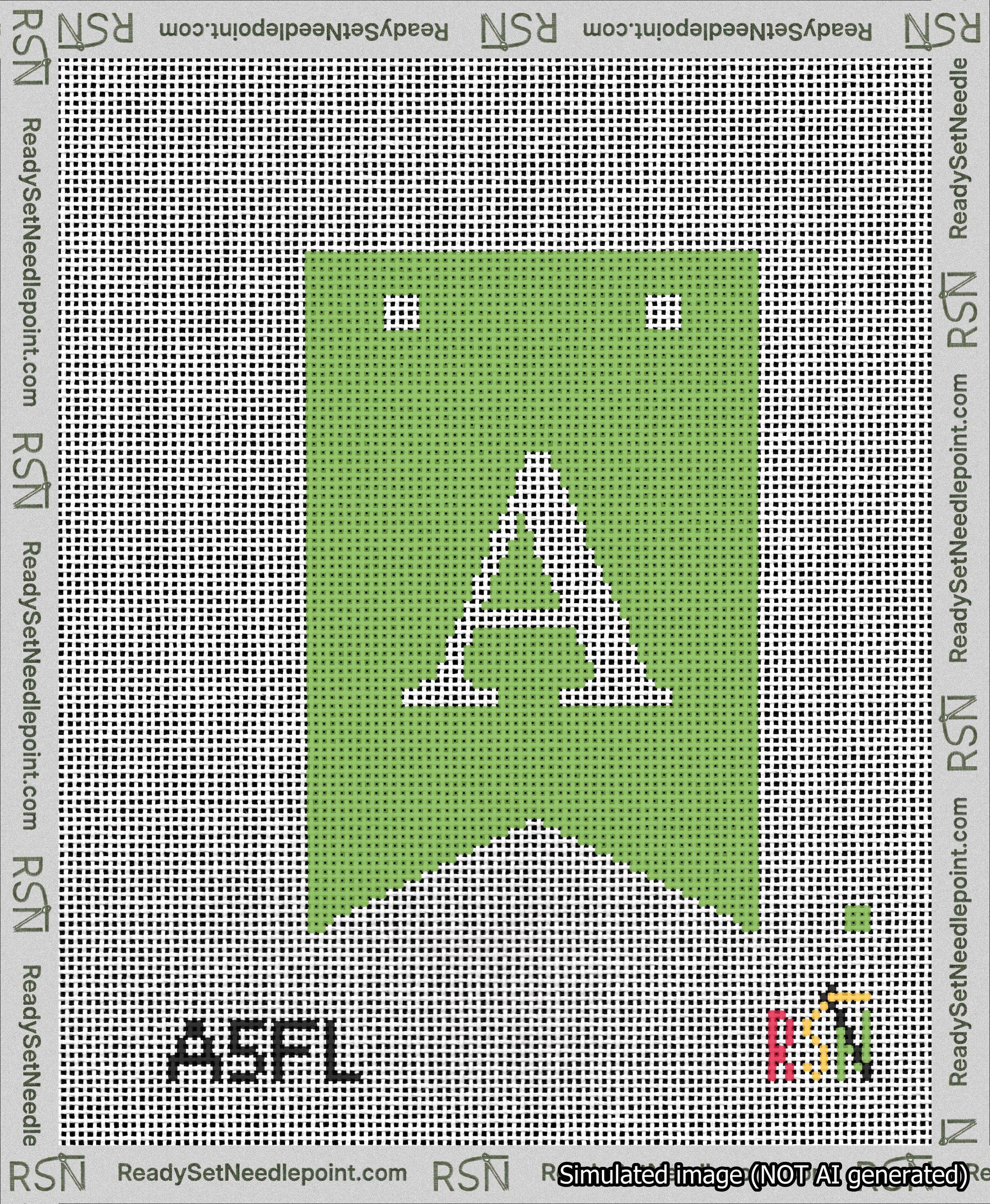 A taped needlepoint canvas with the design: Banner 13 mesh count Forked A White on Light Green.