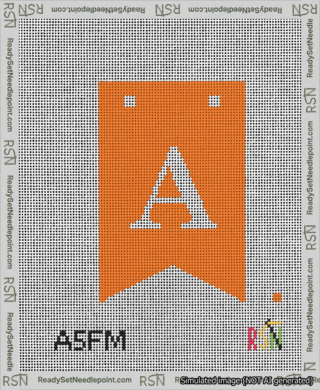 A taped needlepoint canvas with the design: Banner 13 mesh count Forked A White on Orange.