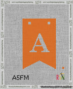 A taped needlepoint canvas with the design: Banner 13 mesh count Forked A White on Orange.