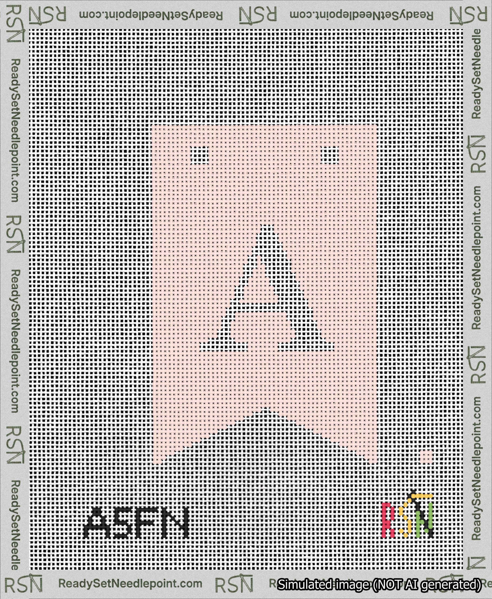 A taped needlepoint canvas with the design: Banner 13 mesh count Forked A White on Pink.