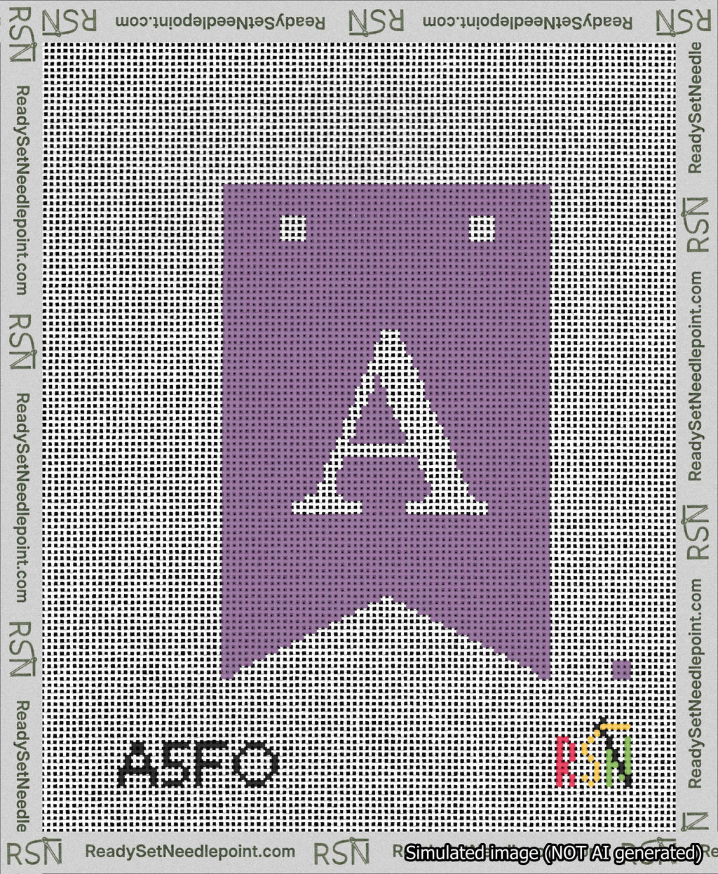 A taped needlepoint canvas with the design: Banner 13 mesh count Forked A White on Purple.