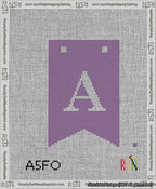 A taped needlepoint canvas with the design: Banner 13 mesh count Forked A White on Purple.