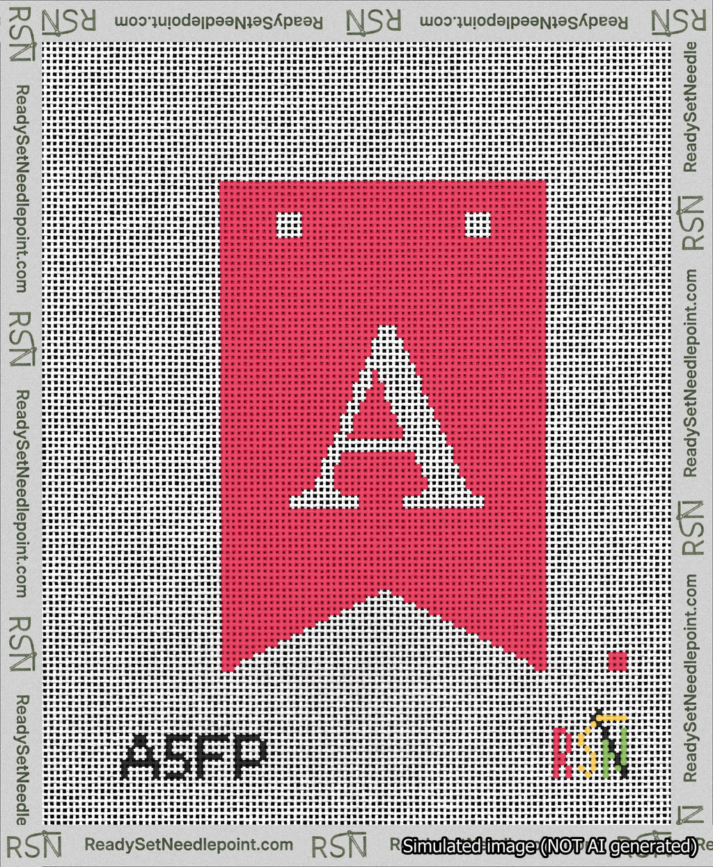 A taped needlepoint canvas with the design: Banner 13 mesh count Forked A White on Red.
