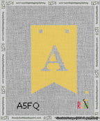A taped needlepoint canvas with the design: Banner 13 mesh count Forked A White on Yellow.