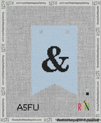 A taped needlepoint canvas with the design: Banner 13 mesh count Forked Ampersand Black on Light Blue.