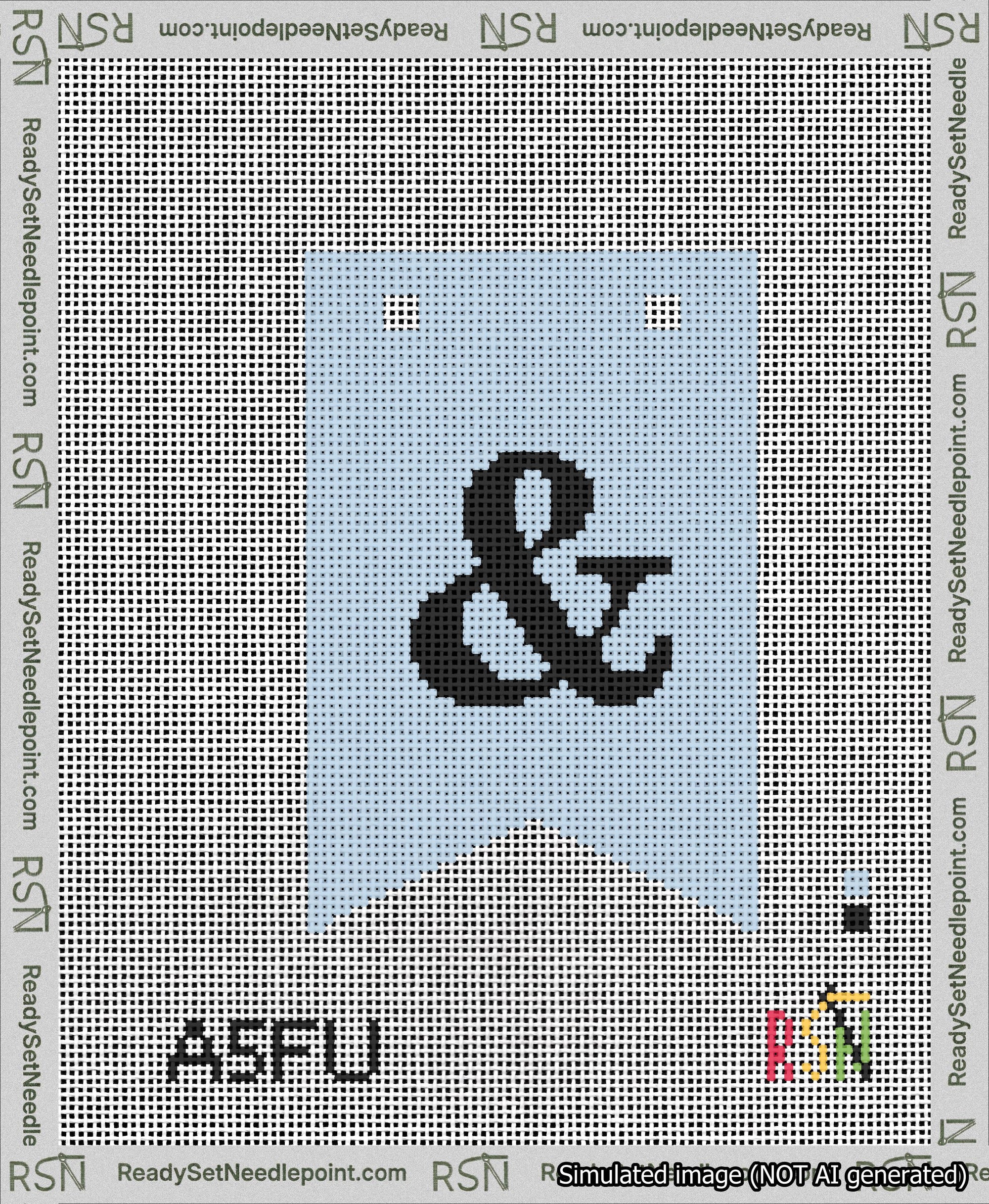 A taped needlepoint canvas with the design: Banner 13 mesh count Forked Ampersand Black on Light Blue.