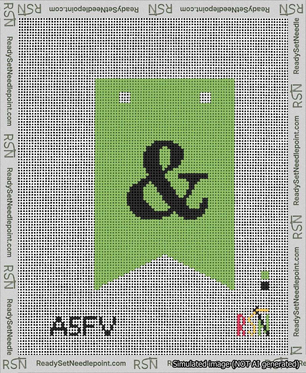 A taped needlepoint canvas with the design: Banner 13 mesh count Forked Ampersand Black on Light Green.
