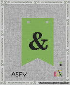 A taped needlepoint canvas with the design: Banner 13 mesh count Forked Ampersand Black on Light Green.