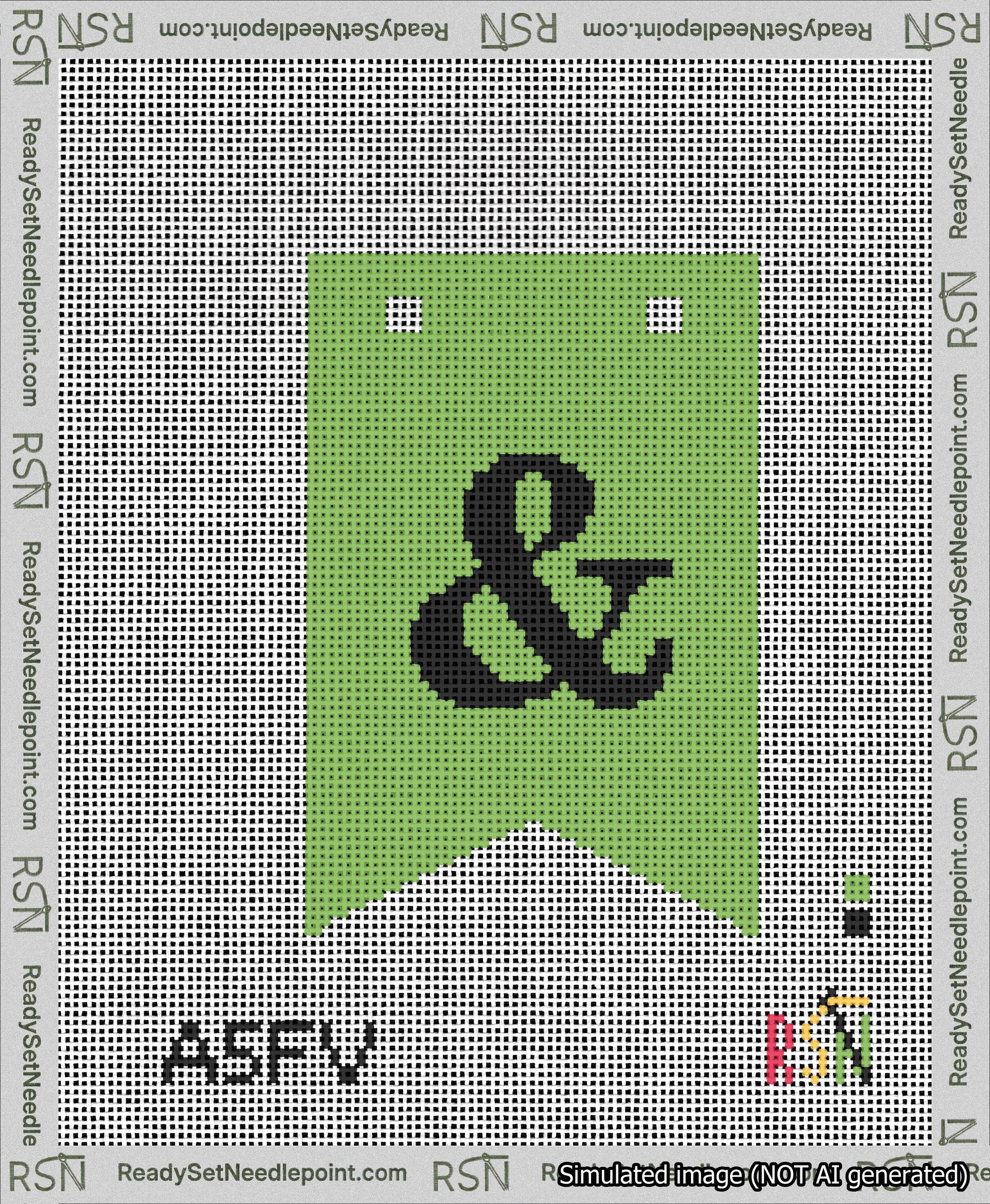 A taped needlepoint canvas with the design: Banner 13 mesh count Forked Ampersand Black on Light Green.