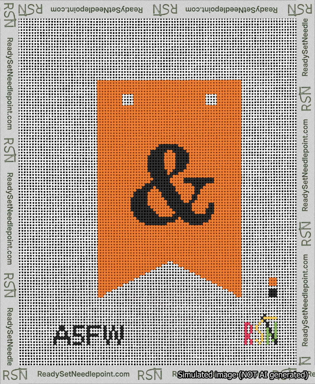 A taped needlepoint canvas with the design: Banner 13 mesh count Forked Ampersand Black on Orange.