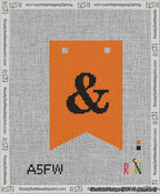 A taped needlepoint canvas with the design: Banner 13 mesh count Forked Ampersand Black on Orange.