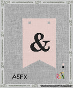 A taped needlepoint canvas with the design: Banner 13 mesh count Forked Ampersand Black on Pink.