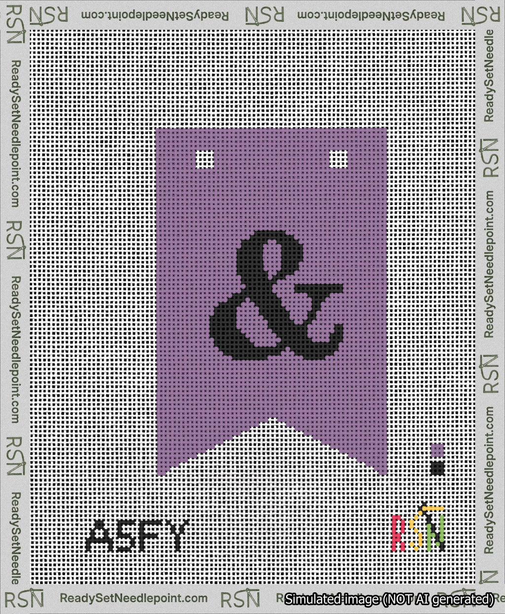 A taped needlepoint canvas with the design: Banner 13 mesh count Forked Ampersand Black on Purple.