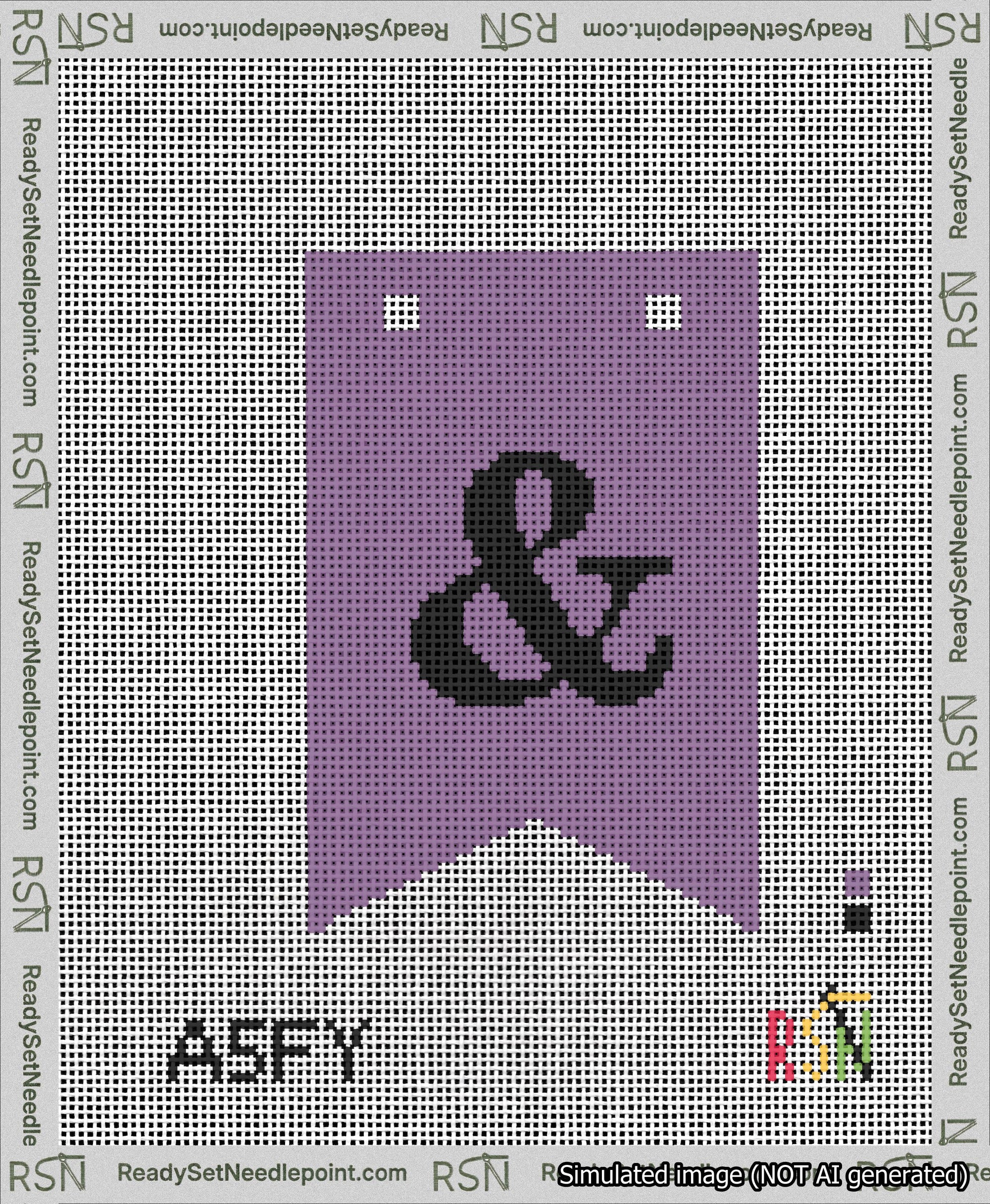 A taped needlepoint canvas with the design: Banner 13 mesh count Forked Ampersand Black on Purple.