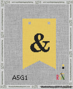 A taped needlepoint canvas with the design: Banner 13 mesh count Forked Ampersand Black on Yellow.