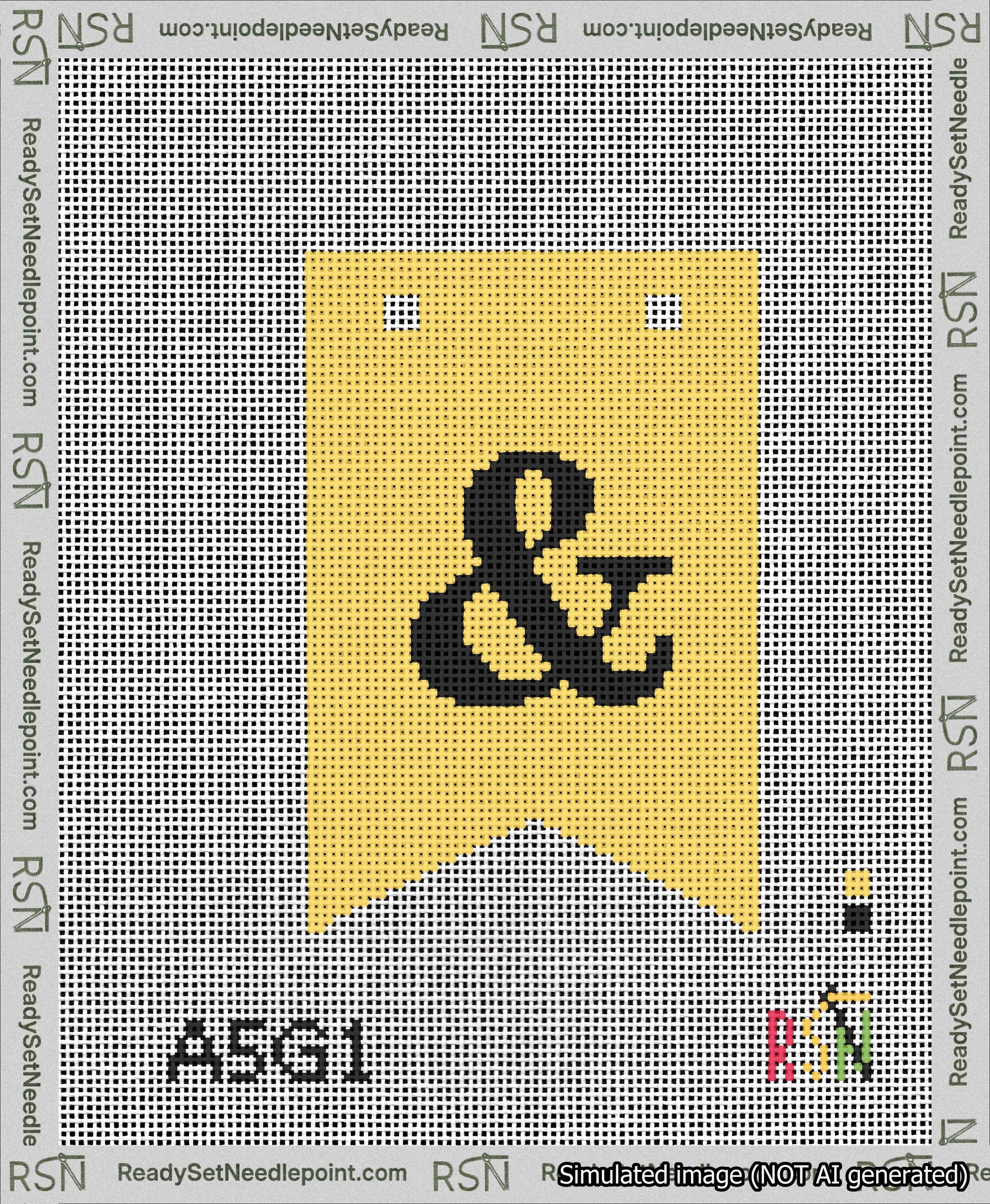 A taped needlepoint canvas with the design: Banner 13 mesh count Forked Ampersand Black on Yellow.