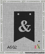 A taped needlepoint canvas with the design: Banner 13 mesh count Forked Ampersand White on Black.