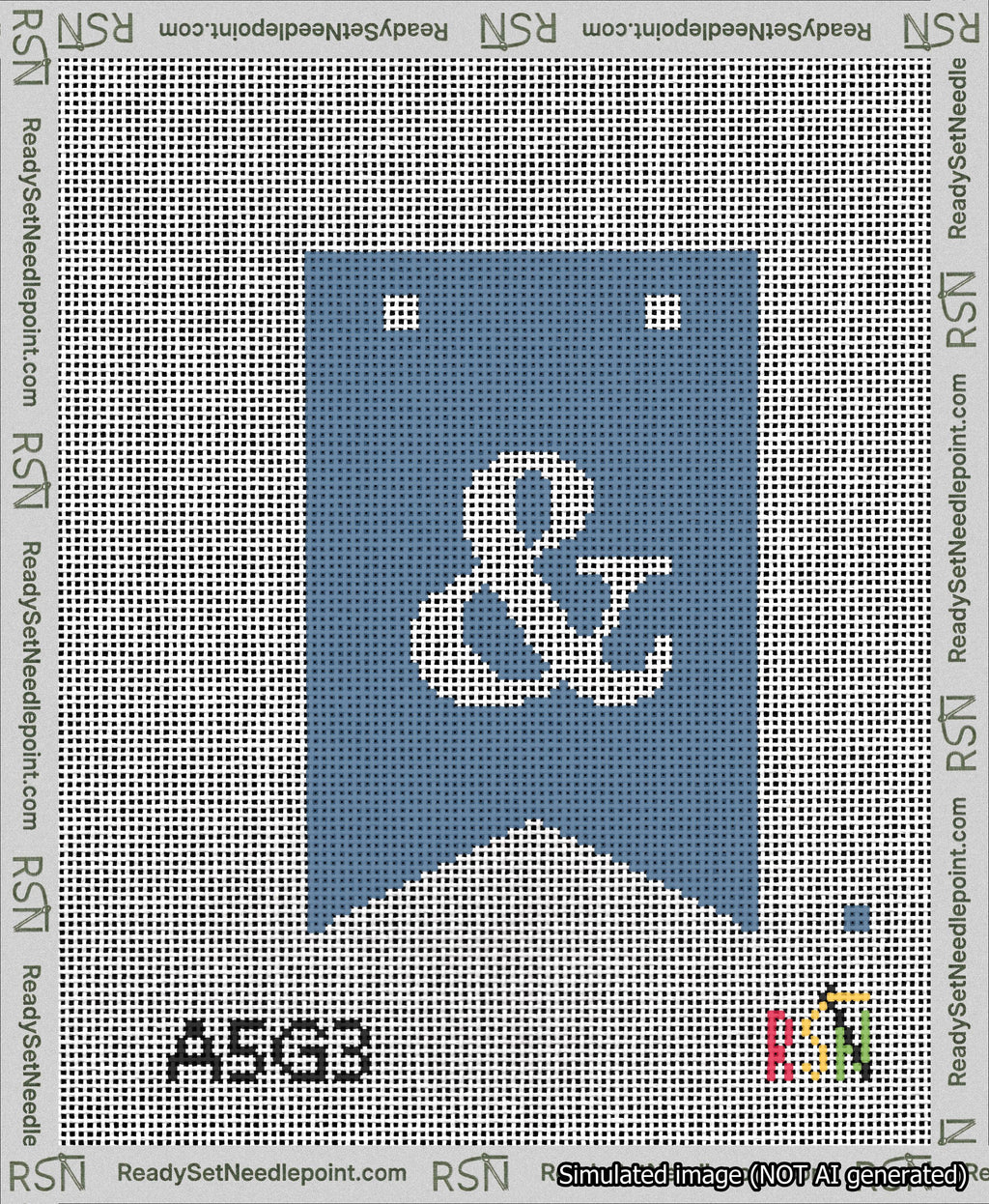 A taped needlepoint canvas with the design: Banner 13 mesh count Forked Ampersand White on Blue.