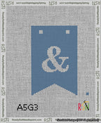 A taped needlepoint canvas with the design: Banner 13 mesh count Forked Ampersand White on Blue.