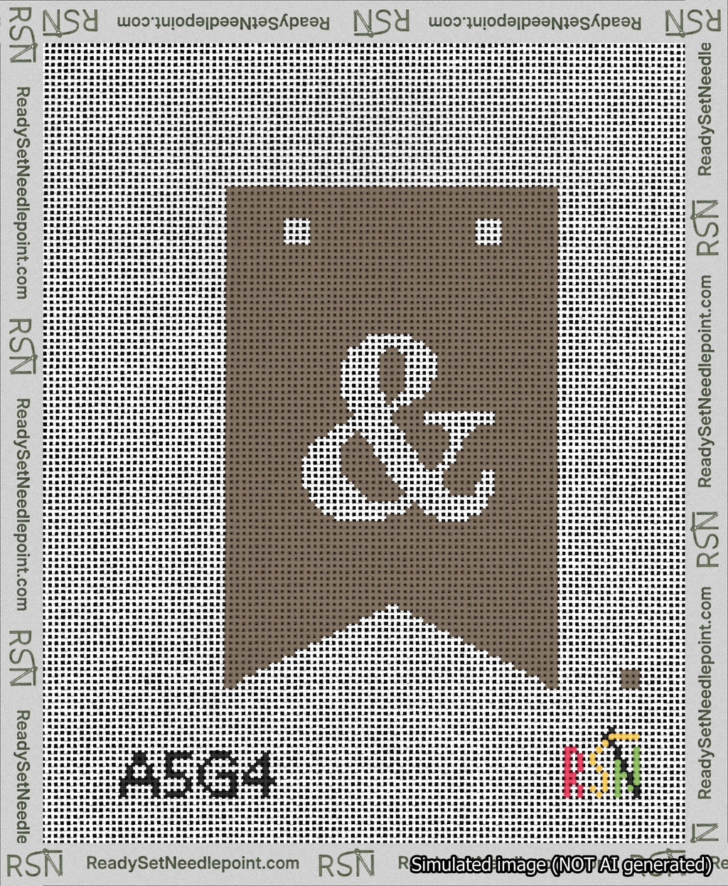 A taped needlepoint canvas with the design: Banner 13 mesh count Forked Ampersand White on Brown.